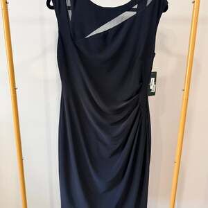 Lauren Ralph Lauren Black Asymmetrical Mesh-Trim Ruched Jersey Sheath Dress- NWT